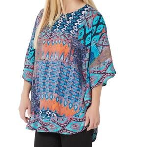 Tolani Caftan Tunic Top Womens XL Blue Ikat Woven Breezy Boho Resort Festival